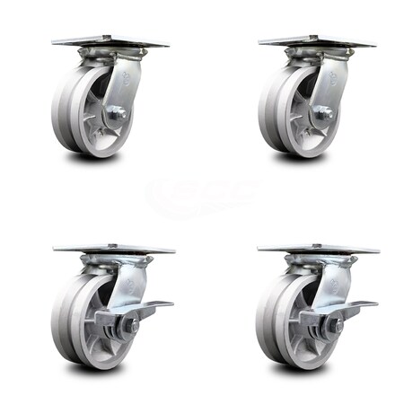 Service Caster 5 Inch V Groove Semi Steel Swivel Caster Set with Roller Bearings 2 Brakes SCC SCC-35S520-VGR-2-SLB-2